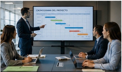 Equipo empresarial optimizando procesos en una reunión de trabajo
